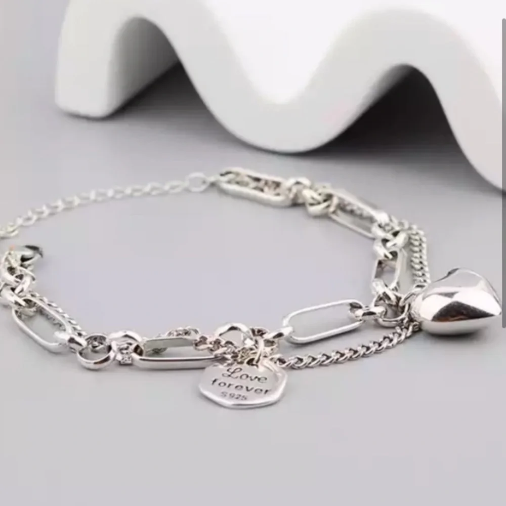 Sterling Silver Heart Love Chain Link Multilayer Bracelet